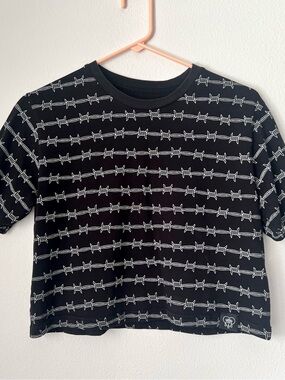 Bad Monday Black Crop Tee with White Barbed Wire Print